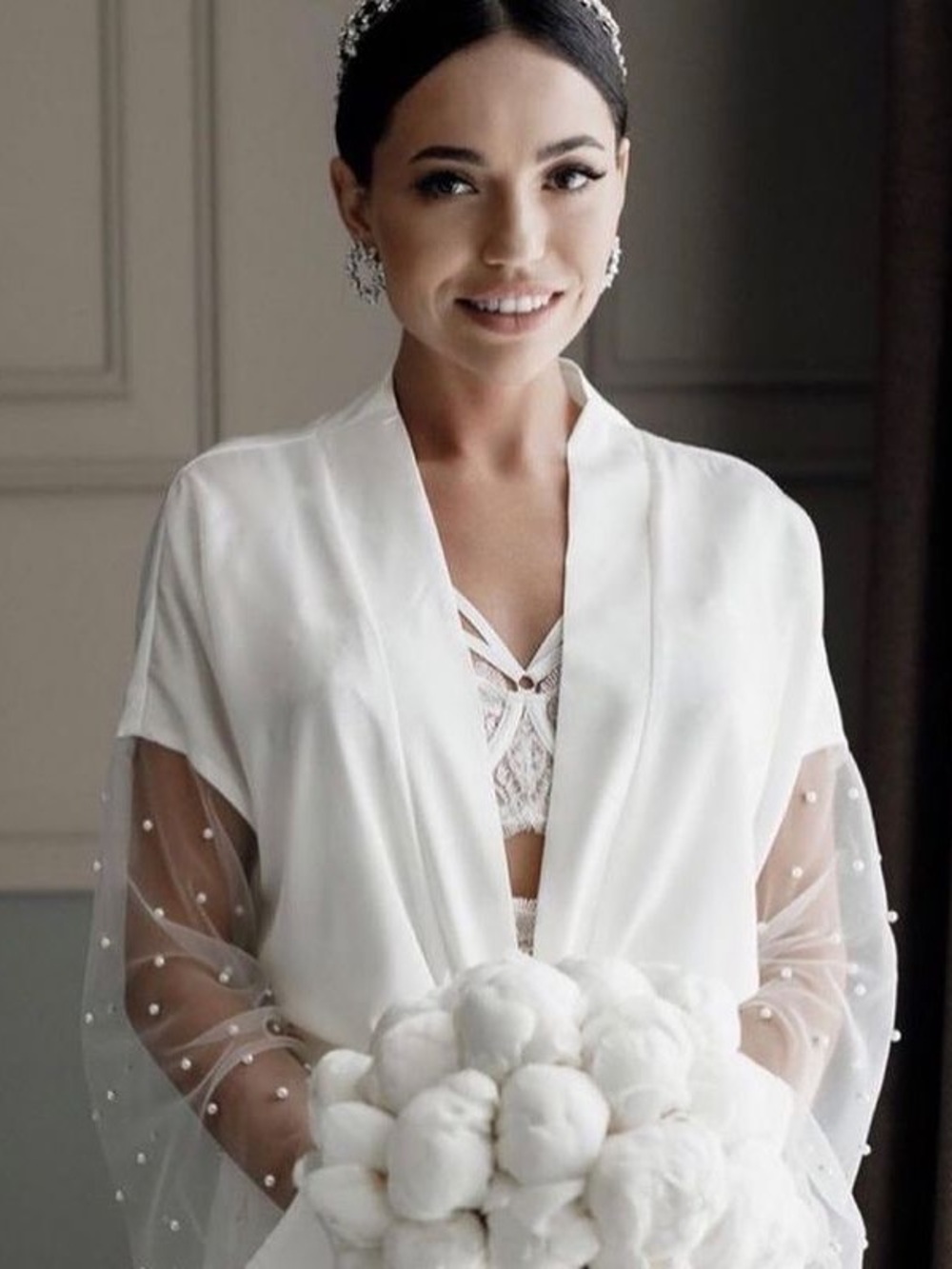 Bridal Satin Robe with Sheer Pearl-Sleeves - This Listing is for White version